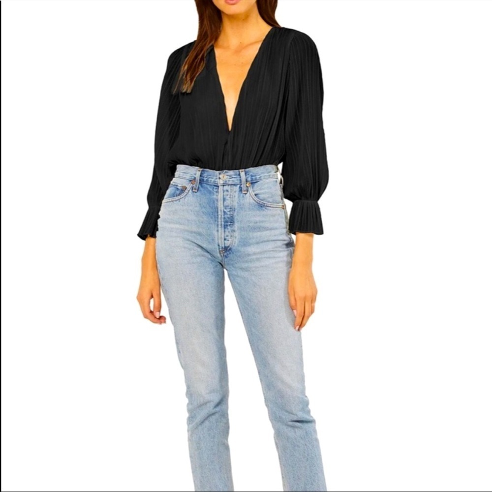NEW MISA LOS ANGELES Rana Thong Bodysuit Black Pleated Top Size XS